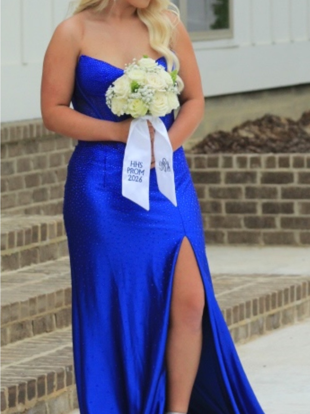 Sherri Hill Strapless Royal Blue Prom Dress with Side Thigh Slit Size 10